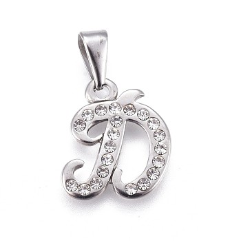 304 Stainless Steel Pendants, with Rhinestone, Letter, Letter.D, 19x17x2mm, Hole: 3~3.5x7.5~8mm
