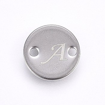 201 Stainless Steel Links connectors, Flat Round, Letter.A, Stainless Steel Color, 8x1mm, Hole: 1.5mm