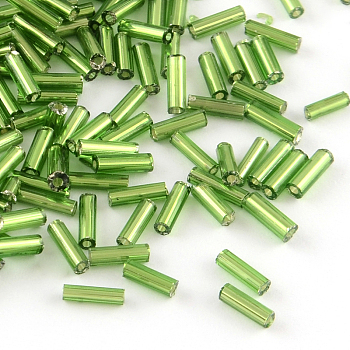 Glass Bugle Beads, Silver Lined, Green, 4~4.5x2mm, Hole: 1mm, about 450g/bag, 14000pcs/bag