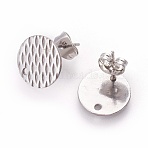 Non-Tarnish 304 Stainless Steel Ear Stud Findings, Textured Flat Round with Pineapple Grain, Stainless Steel Color, 12mm, Hole: 1.2mm, Pin: 0.8mm(STAS-O119-16C-P)