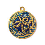 304 Stainless Steel Enamel Pendants, Flat Round with Flower Charm, Ion Plating(IP), Marine Blue, Real 18K Gold Plated, 28x25mm, Hole: 2.2mm(STAS-OY017-23G)