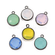 Brass Glass Charms, Long-Lasting Plated, Lead Free & Nickel Free & Cadmium Free, Flat Round, Gunmetal, Mixed Color, 13.5x11x5mm, Hole: 1.4mm(KK-C228-01B)