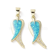 Rack Plating Brass Micro Pave Cubic Zirconia Pendants, Synthetic Opal Fishtail Charms with Snap on Bail, Cadmium Free & Lead Free, Long-Lasting Plated, Real 18K Gold Plated, Cyan, 29x10.5x3mm, Hole: 6.3x3.5mm(KK-C041-09G)