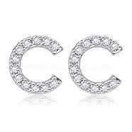 Brass Cubic Zirconia Stud Earrings, with Ear Nuts, Alphabet, Letter C, Clear, Platinum, 12x11.2x2.5mm, Pin: 0.9mm(EJEW-BB35118-C)