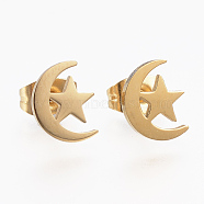 304 Stainless Steel Stud Earrings, Hypoallergenic Earrings, Moon and Star, Golden, 9x7x1mm, Pin: 0.8mm(EJEW-H350-27G)