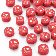 Handmade Polymer Clay Beads, Mother's Day Theme, Flat Round with Word I Love MOM, Red, 8~9.5x3.5~4.5mm, Hole: 1.5mm(CLAY-T019-11B)