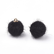 Faux Mink Fur Covered Pendants, with Brass Findings, Round, Black, 16.5~17x15~16mm, Hole: 1mm(WOVE-S115-01A)