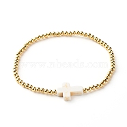 Cross Synthetic Turquoise(Dyed) Beads Stretch Bracelet for Girl Women, 304 Stainless Steel Beads Bracelet, Golden, Inner Diameter: 2-1/4 inch(5.6cm)(BJEW-JB06864-02)