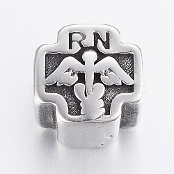 304 Stainless Steel European Beads, Large Hole Beads, Cross with Registered Nurse, Antique Silver, 11x11x9mm, Hole: 5mm(STAS-H440-96AS)