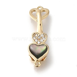 Brass Micro Pave Clear Cubic Zirconia Fold Over Clasps, Black Lip Shell Heart, Real 18K Gold Plated, 30mm(KK-H480-50G-02)