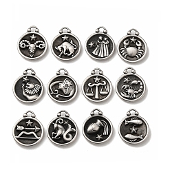 304 Stainless Steel Pendants, Flat Round with Constellations Charm, Antique Silver, 20.5x17x3mm, Hole: 2.5x2mm, 12pcs/set(STAS-L022-306AS-M)