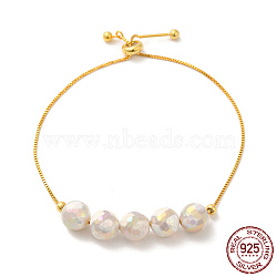 Real 18K Gold Plated 925 Sterling Silver Slider Bracelets, with Dyed Natural Agate Round Beaded, with S925 Stamp, Seashell Color, 8-5/8 inch(22cm)(BJEW-P303-08G-04)