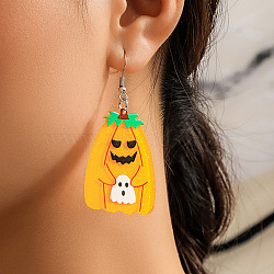 Halloween Cartoon Acrylic Pumpkin Dangle Earrings for Women, Daily Wear Jewelry, Platinum, Orange, 65x35mm(QK1762-6)