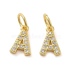 Brass Micro Pave Cubic Zirconia Pendants, with Jump Ring, Letter A, 9x6x1.5mm, Hole: 3.6mm(KK-M273-02G-A)