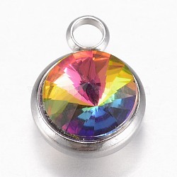 Glass Charms, Faceted, with 304 Stainless Steel Findings, Flat Round, Colorful, 14x10x6.5mm, Hole: 2.5mm(GLAA-G019-P01)