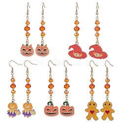 Halloween Gingerbread Man/Pumpkin/Witch Hat Alloy Enamel Dangle Earrings for Women, Mixed Color, 70x20~27mm(EJEW-JE05897)