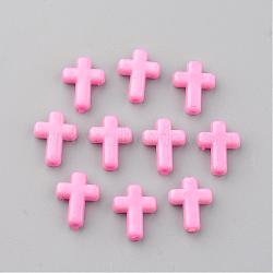 Opaque Acrylic Beads, Cross, Pink, 16x12x4.5mm, about 1230pcs/500g(SACR-436-8)