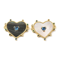 Brass Pave Colorful Cubic Zirconia Connector Charms, Heart Links with Mixed Shell, Long Lasting Plated. Cadmium Free & Lead Free, Real 18K Gold Plated, 17.5x20.5x3mm, Hole: 1mm(ZIRC-P110-06G)