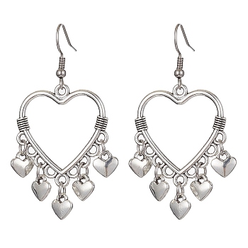Tibetan Style Alloy Heart Woven Net Chandelier Earrings, Long Drop Earrings, Heart, 50x27mm