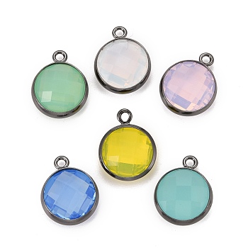 Brass Glass Charms, Long-Lasting Plated, Lead Free & Nickel Free & Cadmium Free, Flat Round, Gunmetal, Mixed Color, 13.5x11x5mm, Hole: 1.4mm