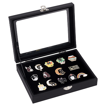 PU Presentation Boxes for Badge Storage and Display, with Glass Window and Hangers, Rectangle, Black, 20x15.5x4.65cm
