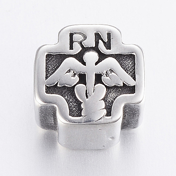 304 Stainless Steel European Beads, Large Hole Beads, Cross with Registered Nurse, Antique Silver, 11x11x9mm, Hole: 5mm