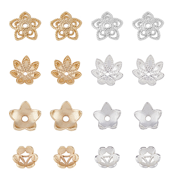 32Pcs 8 Style Brass Bead Cap, Cadmium Free & Lead Free, Long-Lasting Plated, Flower, Golden & Silver, 7.5~10x7.5~10x2.5~3.5mm, Hole: 1~1.8mm, 4pcs/style