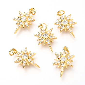 Brass Micro Pave Clear Cubic Zirconia Pendants, with Jump Rings, Star, Real 18K Gold Plated, 16.7x10x2.9mm, Hole: 2.6mm