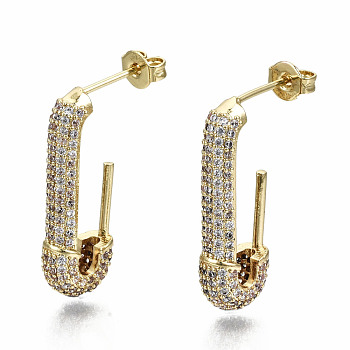 Brass Micro Pave Clear Cubic Zirconia Half Hoop Earrings, Stud Earrings, with Ear Nuts, Nickel Free, Safety Pin Shape, Real 16K Gold Plated, 24.5x5mm, Pin: 0.8mm