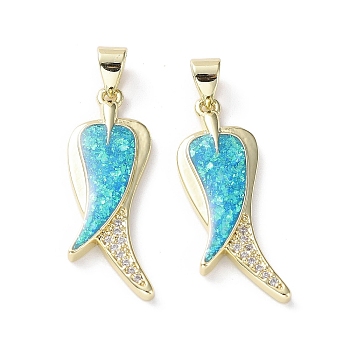 Rack Plating Brass Micro Pave Cubic Zirconia Pendants, Synthetic Opal Fishtail Charms with Snap on Bail, Cadmium Free & Lead Free, Long-Lasting Plated, Real 18K Gold Plated, Cyan, 29x10.5x3mm, Hole: 6.3x3.5mm