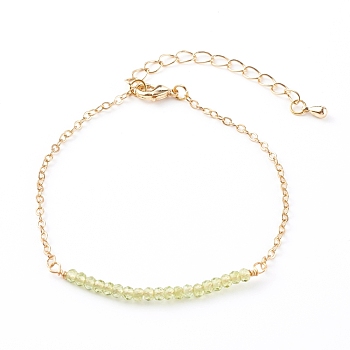 May Birthstone Natural Peridot Beaded Bracelets, with Brass Cable Chains, Faceted Round, Golden, 7-1/4 inch(18.5cm)