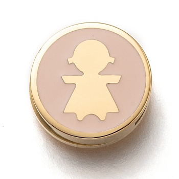 304 Stainless Steel Slide Charms, Enamel Style, Flat Round with Girl, Bisque, Golden, 12x3.5mm, Hole: 8x1.5mm