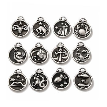 304 Stainless Steel Pendants, Flat Round with Constellations Charm, Antique Silver, 20.5x17x3mm, Hole: 2.5x2mm, 12pcs/set