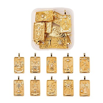 10Pcs 1 style Brass Micro Pave Clear Cubic Zirconia Tarot Card Pendants, Long-Lasting Plated, Real 18K Gold Plated, 30x15x4mm, Hole: 3mm, 1pc/style