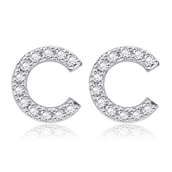 Brass Cubic Zirconia Stud Earrings, with Ear Nuts, Alphabet, Letter C, Clear, Platinum, 12x11.2x2.5mm, Pin: 0.9mm