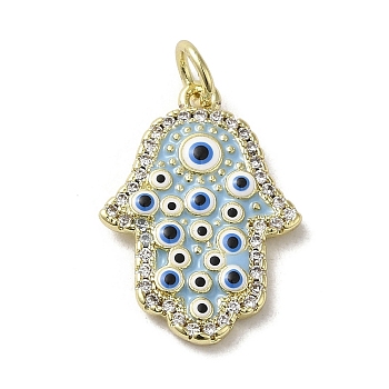 Brass Enamel Pendants, with Jump Ring, Real 18K Gold Plated, Evil Eye, Hamsa Hand, 19x14.5x2mm, Hole: 3.2mm