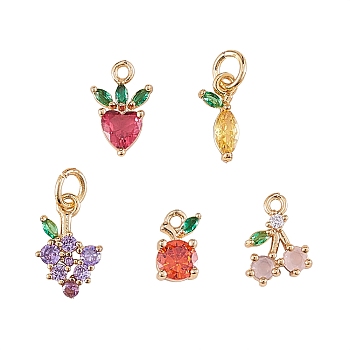 10Pcs 5 Styles Brass Charms, with Medium Violet Red Cubic Zirconia, Strawberry & Apple & Cherry & Lemon & Grape, Real 18K Gold Plated, 11~12x5~8x3mm, Hole: 1.2mm, 2pcs/style