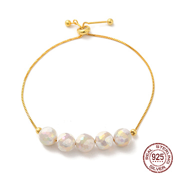 Real 18K Gold Plated 925 Sterling Silver Slider Bracelets, with Dyed Natural Agate Round Beaded, with S925 Stamp, Seashell Color, 8-5/8 inch(22cm)