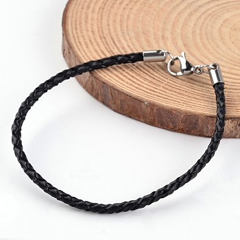 Braided Leather Cord Bracelets, with 304 Stainless Steel Findings, Black, 195x3mm