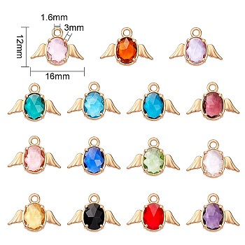 30Pcs 15 Colors Faceted Glass Pendants, with Alloy Claw Settings Findings, Cadmium Free & Nickel Free & Lead Free, Angel, Mixed Color, 12x16x3mm, Hole: 1.6mm, 2pcs/color