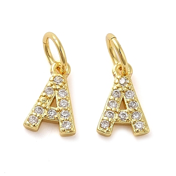 Brass Micro Pave Cubic Zirconia Pendants, with Jump Ring, Letter A, 8~9x4.5~9.5x1.5mm, Hole: 3.6mm