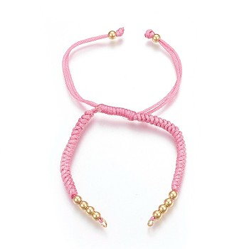 Nylon Cord Braided Bead Bracelets Making, with Brass Beads, Long-Lasting Plated, Real 24K Gold Plated, Pearl Pink, 10-1/4 inch(26cm)~11-5/8 inch(29.6cm)