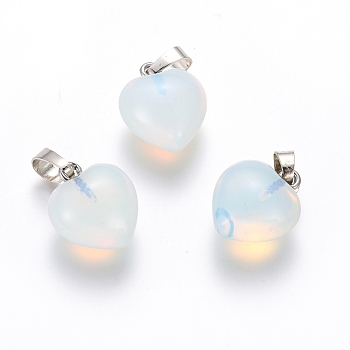 Opalite Pendants, with Platinum Tone Brass Findings, Heart, 18x15x10mm, Hole: 5x7mm