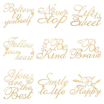 9Pcs 9 Styles Custom Carbon Steel Self-adhesive Picture Stickers, Golden, Inspirational Quote, Word, 40x40mm, 1pc/style