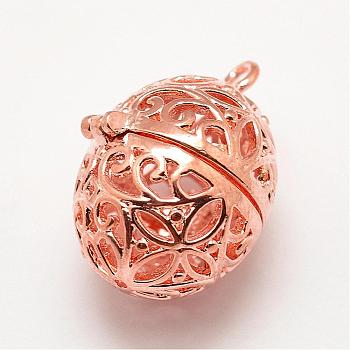 Brass Diffuser Locket Pendants, Cage Pendants, Oval, Cadmium Free & Lead Free, Rose Gold, 24x16x18mm, Hole: 2mm, inner size: 12mm