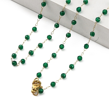 Ion Plating(IP) 304 Stainless Steel Chain Long Necklaces, 3mm Faeted Round Green Glass Link Chain Necklaces for Women, Real 14K Gold Plated, 40.16 inch(102cm)