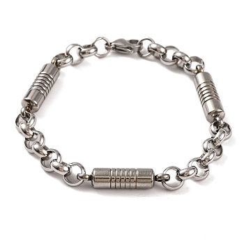 Tarnish Resistant 304 Stainless Steel Column Rolo Chain Bracelets, with 201 Stainless Steeel Findings, Stainless Steel Color, 8-7/8 inch(22.4cm)