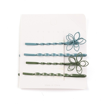 4Pcs Painted Iron Hair Bobby Pins, with Flower Alloy Findings, Mixed Color, 63x20.5x11mm, 64.2x2.5x5mm, 2 Styles, 2 Colors