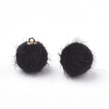 Faux Mink Fur Covered Pendants, with Brass Findings, Round, Black, 16.5~17x15~16mm, Hole: 1mm