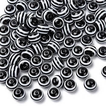 Round Striped Resin Beads, Black, 10x9mm, Hole: 1.8~2mm